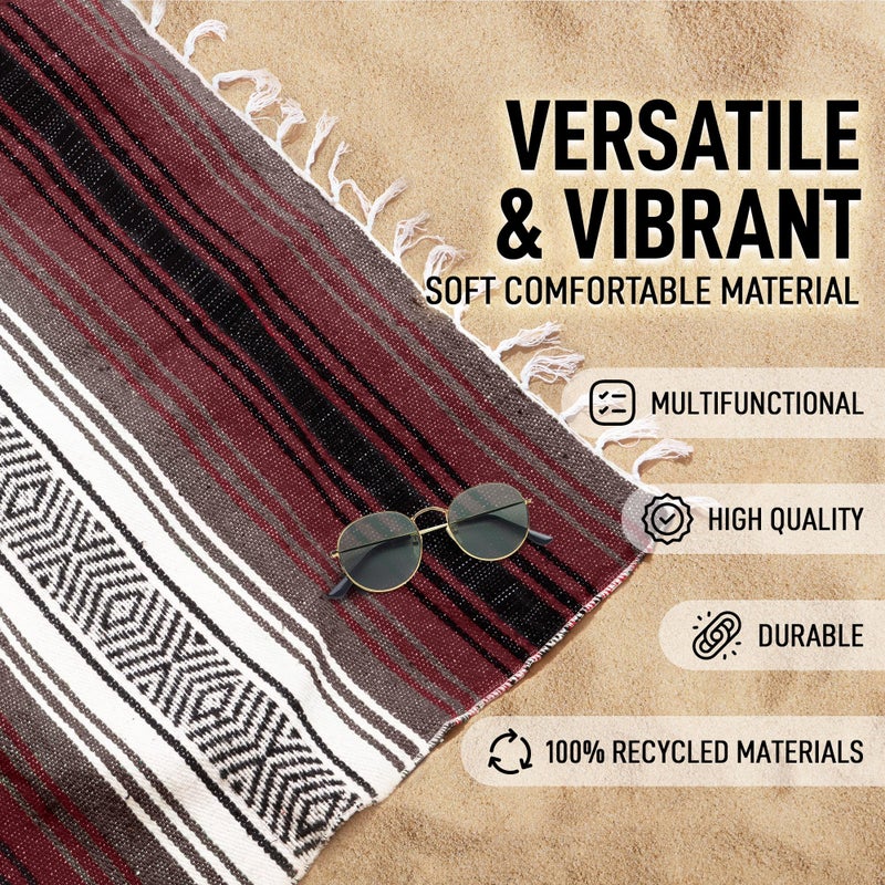 Hydration Nation Mexican Blanket (Authentic Handmade Falsa) - Durable, Lightweight Baja Indian Blanket for Yoga, Beach, Camping, Picnic, Car/Truck, Outdoor Mexican Throw, Baja Saddle Blanket, 70"x50", Cherry - Image 4